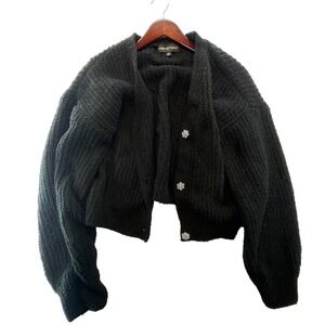 Almost‎ Famous Women's Cardigan Sweater Black Fuzzy Cropped Rhinestone Button La